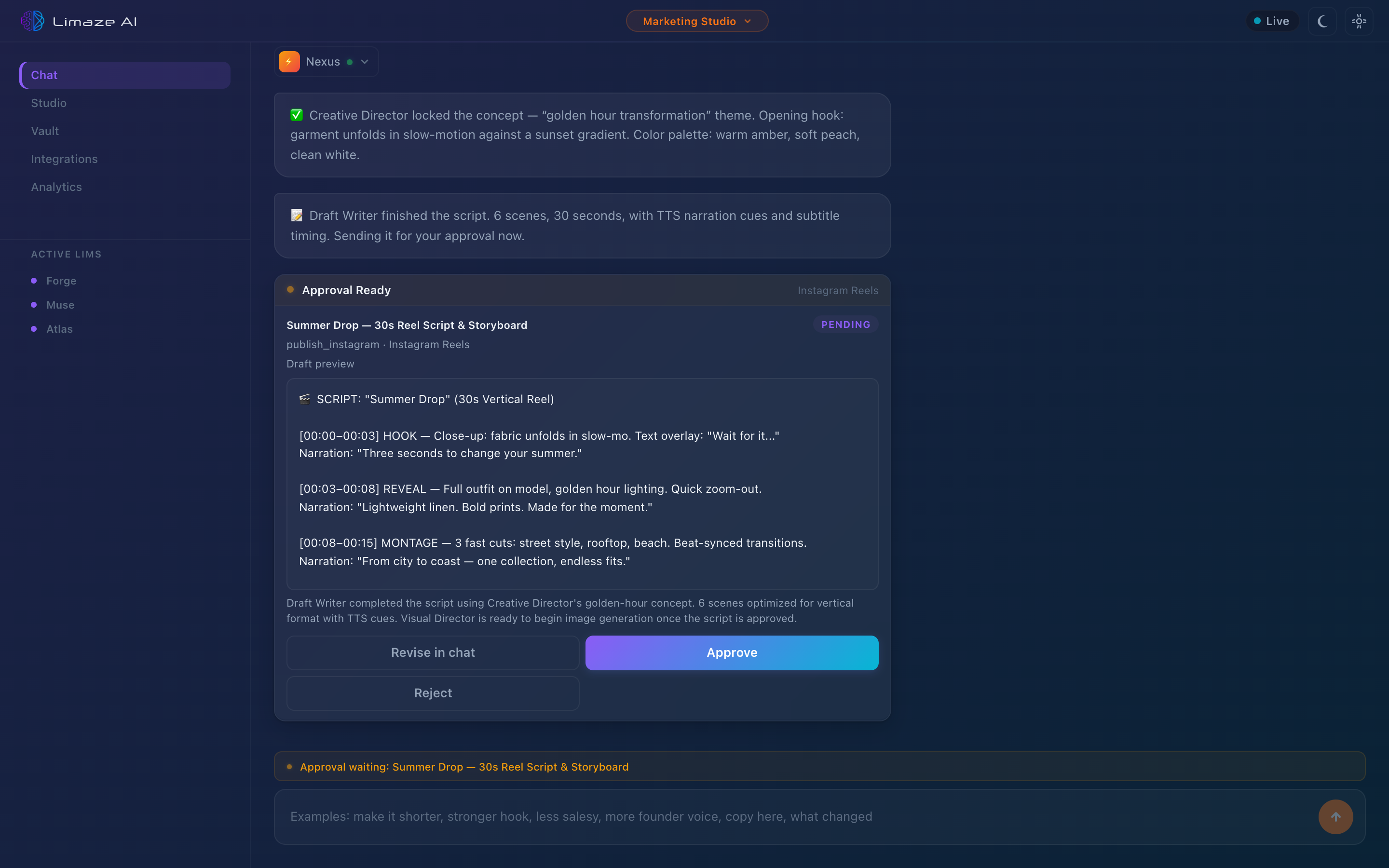 Limaze AI — Marketing Studio with Nexus orchestrating a summer campaign across Instagram and Telegram, showing lim coordination, progress tracking, and content approval workflow